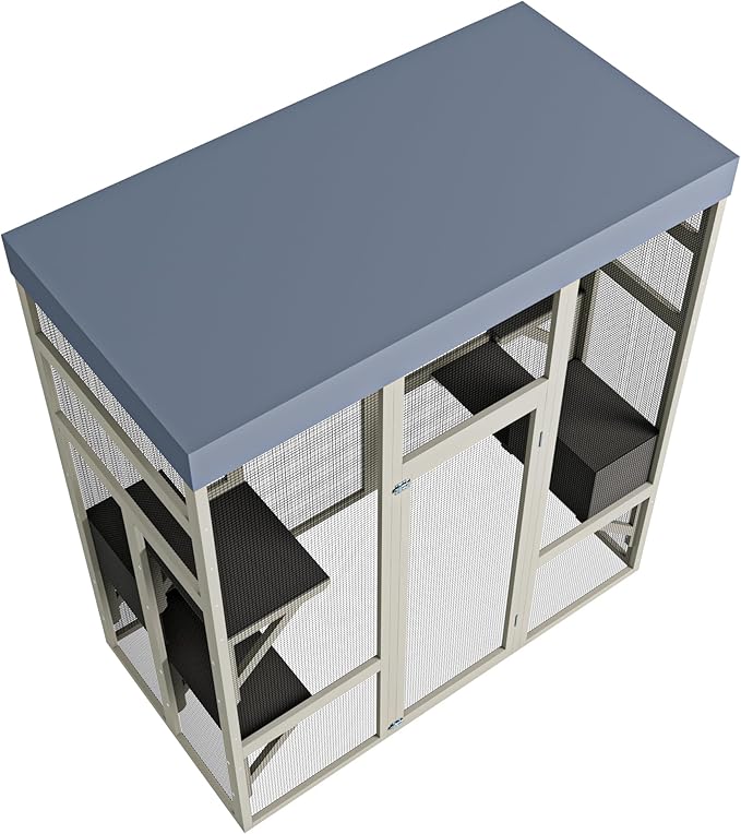LOVMOR 62.6" Outdoor Wooden Catio for Cats, Large Cat Enclosure with Waterproof Roof, 2 Cat Houses & Platforms, Secure Rust-Proof Wire Pet Cage for Patio or Backyard