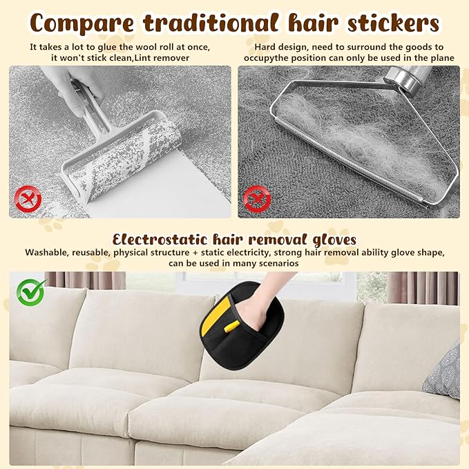 Pet Hair Removal Gloves,Electrostatic Gloves Pet Hair, Efficient Grooming Glove for Cats Dogs, Reusable Pet Hair Removal Tool for Couch, Furniture, Carpet, Curtain (2)