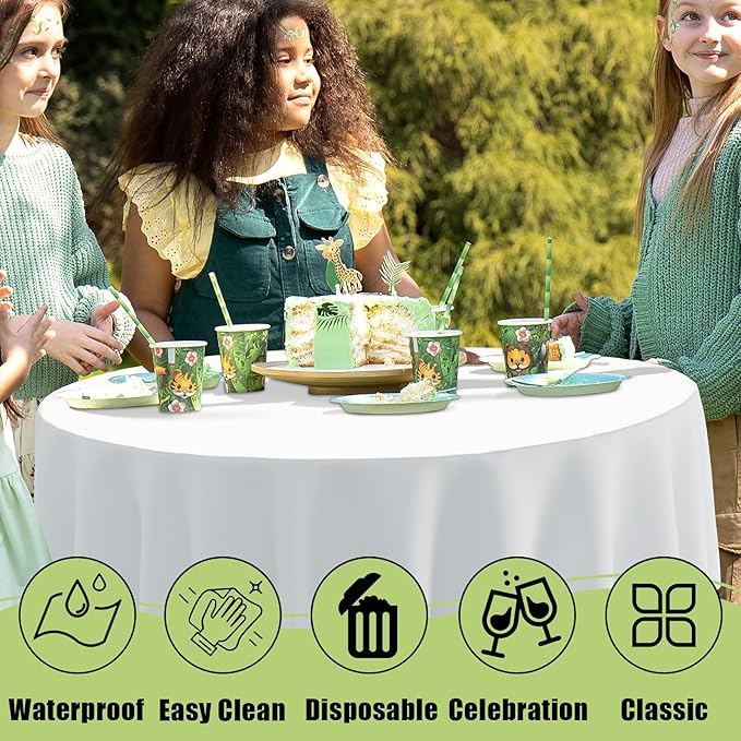 Smiry Disposable Table Cloth 12 Pack, 84 Inch Round Waterproof Plastic Tablecloth, Decorative Rectangle Table Covers for Party, Birthday, Picnic, White