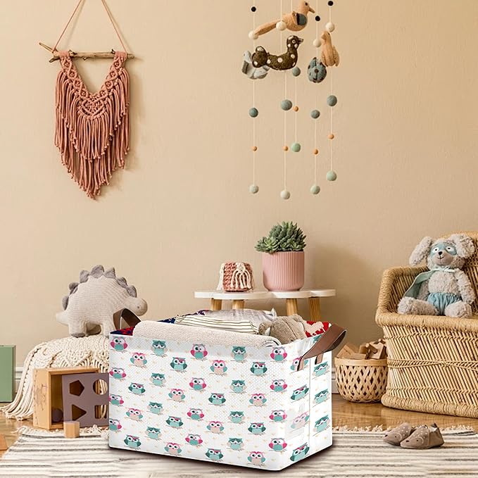 Owl Pattern Storage Basket Large 17x11.5x10.5 Inche-Collapsible Fabric Organizer Bin with Handles for Nursery, Valentines Decor, Toys-Foldable Decorative Hamper with Romantic Owl Design-Single Pack