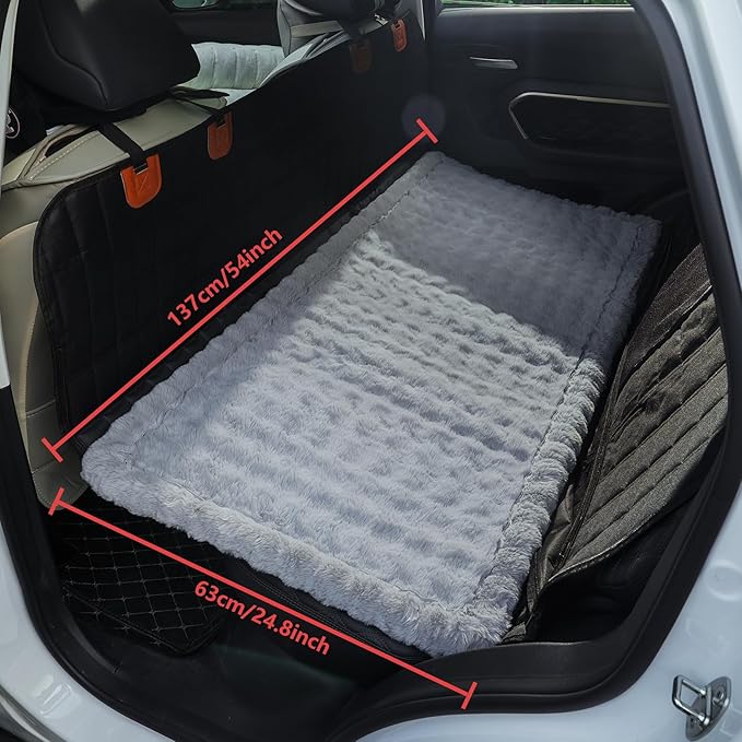 Dog Car Seat Cover for Back Seat, Plush Dog Bed Mat for Car, Fit for Backseat Extenders, Travel Pet Mat, Nonslip Soft Pet Pad for Cars Trucks and SUVs (Light Gray, 24.8x54 inch)