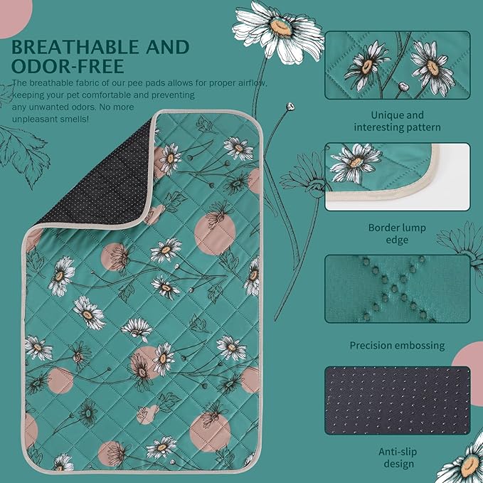 IEUUMLER Washable Pee Pads for Dogs, 2 Pack Non-Slip & Waterproof Pack Whelping Pad, Reusable Washable Puppy Potty Training Pad with Fast Absorbent for Playpen EU007 (Teal Daisy, 24"X18"-2pcs)