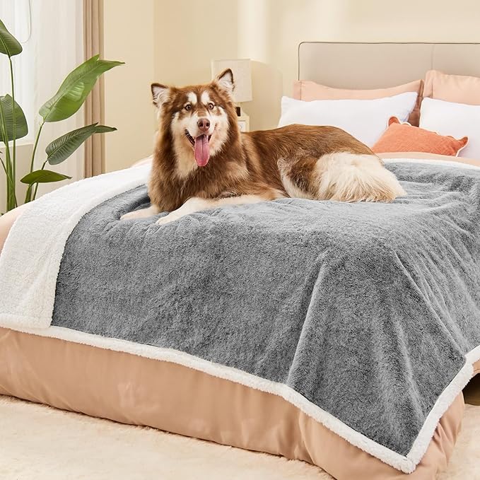Extra Large Dog Blanket, Waterproof Faux Fur & Sherpa Oversized Pet Throw for Bed & Couch Protection, Soft Cozy Dog Blankets for Large Dogs, 60"x80", Black