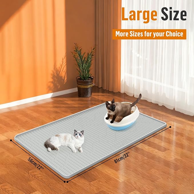 Silicone Cat Litter Mat, 32" x 22" Large Cat Litter Box Mat Litter Trapping Mat for Scatter Control, Waterproof, Soft on Kitty Paws, Clean Floor (Grey)