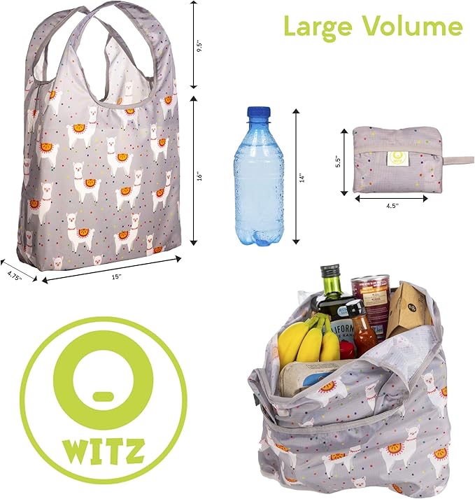 O-WITZ Reusable Grocery Bags | Vibrant Tote Bag For Groceries, Gym, Office, Beach Gear, Toys & More | Washable Design With Large Handles For Maximum Convenience | Folds Into A Small Pouch, Llama