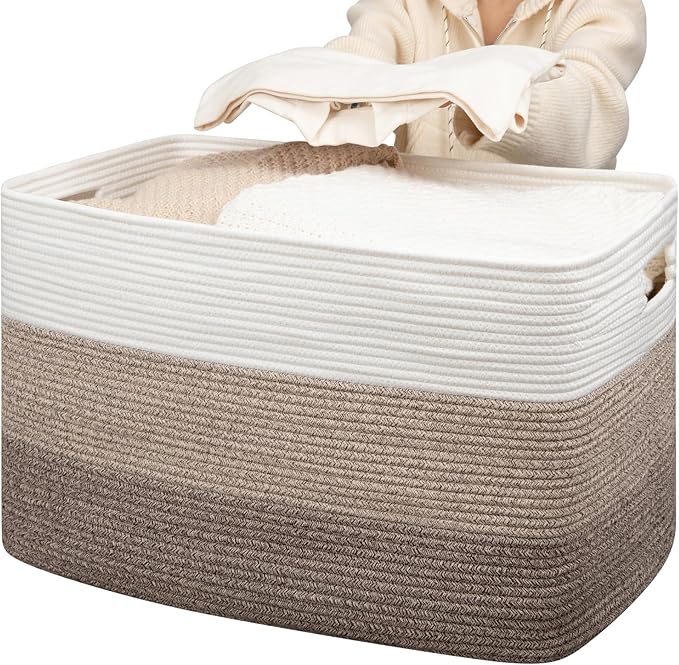 OIAHOMY 118L Extra Large Blanket Basket, Rectangle Woven Cotton Rope Storage Basket,Used for storing Dirty Clothes, Stuffed Animal Toy Storage for Living Room,Kids Room,25" x 17" x 16", Gradient Brown