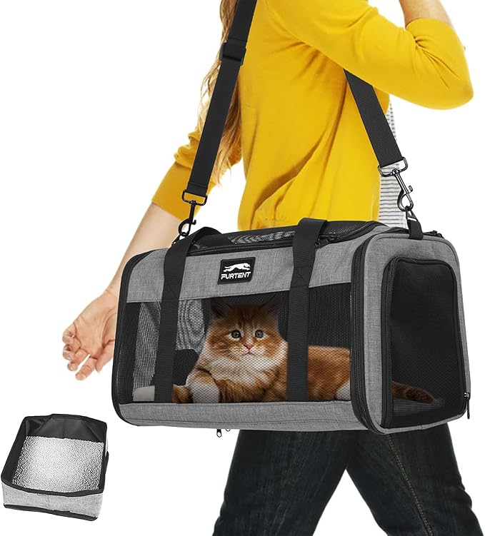 TSA Approved Pet Carrier for Small Cats and Puppies, Soft-Sided and Foldable, Cat and Dog Carrier Fits Pets Up to 15 lbs, Durable Portable Travel Bag with Litter Box (Gray, Litter Box & Leash Set)