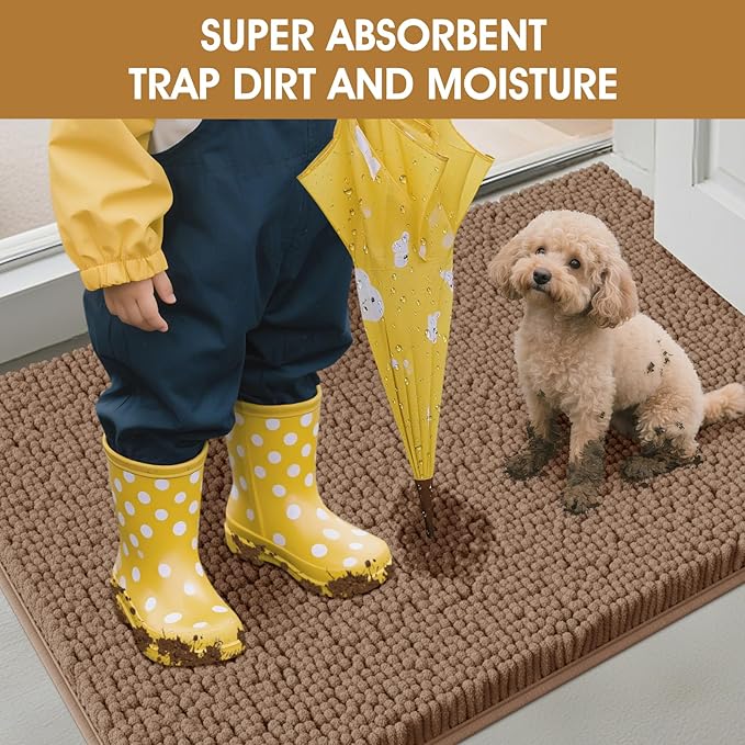 2 Pieces Muddy Door Mats for Dogs, 30" X 20" Chenille Absorbent Doormat, Trap Dirt Non Slip Heavy Indoor Doormat Soft Dog Bed Mat Front Inside Door Mat for Indoor Outdoor Entrance,Camel