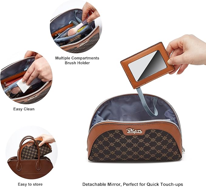 BOYATU Small Travel Makeup Bag for Women: Elegant Vegan Leather Cosmetic Pouch for Purse - Waterproof Toiletry Bag with Mirror(010-coffee)