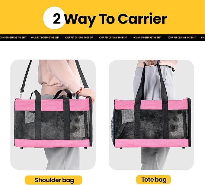 Conlun Dog Carrier Soft Sided, Large Cat Carrier with Inner Safety Leash, Pet Transport Carrier for Large Cats and Medium Dogs up to 20 Lbs, Collapsible Travel Puppy Carrier Bag -Pink L