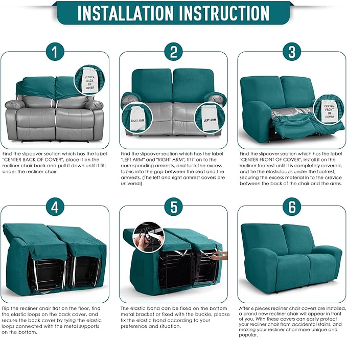 TAOCOCO Recliner Loveseat Slipcover, 6 Pieces Dual Recliner Sofa Covers for 2 Seat Dual Reclining Loveseat Couch, Stretch Soft Jacquard Pattern Furniture Protector with Elasticity (Peacock Blue)