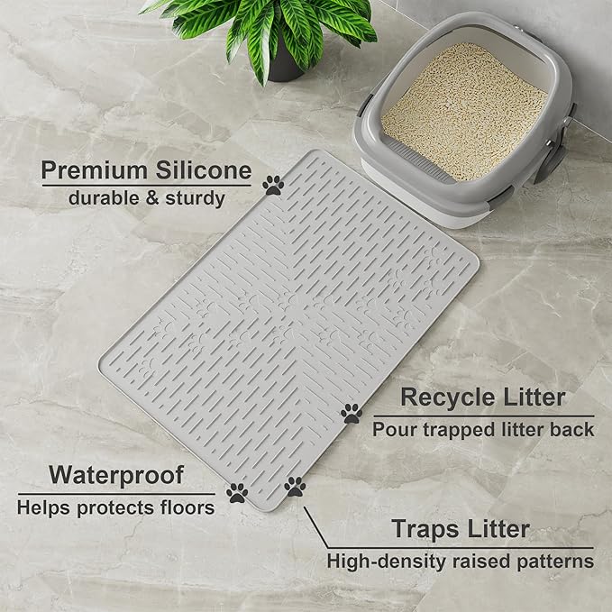 OHMO Cat Litter Mat Trapping Mat Premium Silicone Rubber 23.5x16" Ash, Waterproof and BPA Free Kitty Litter Box Mat, Easy to Clean and Keeps the Floor Tidy