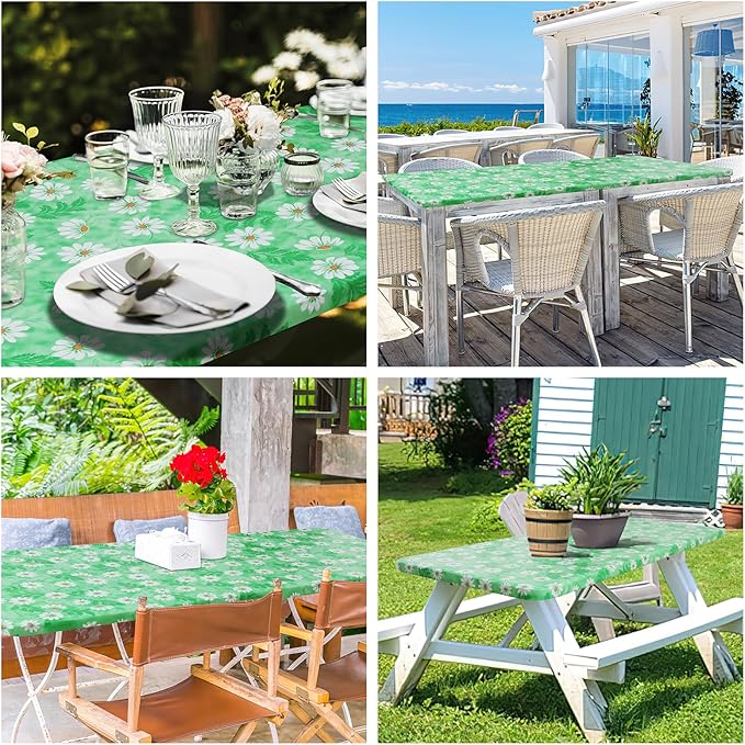 misaya Rectangle Vinyl Tablecloth, Fitted Table Cover, 100% Waterproof, Elastic Edge, Plastic Table Cloth Fit 4 Foot Folding Tables for Picnic, Camping, Outdoor (Green Daisy, 30x48 inch)