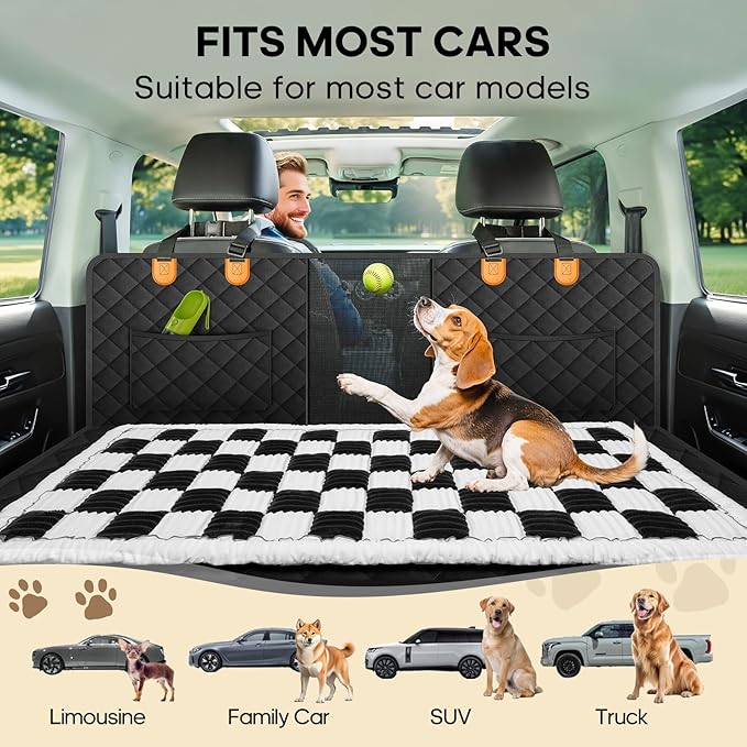 Npetrsnug Backseat Pet Bed Mat, Non-Slip Plaid Dog Bed for Car Back Seat, Flannel Backseat Dog Bed, Fit for Backseat Extenders and Trucks SUVs (Black&White, 24.8x54 inch)