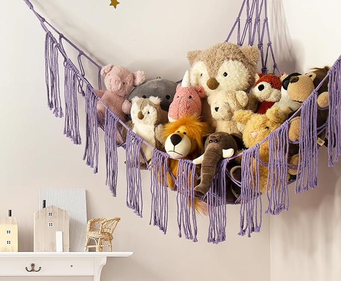 RelaxScene Stuffed Animal Hammock Corner with LED Light - Toy Storage Hammock Plushie Net Organizer - Teddy Bear Stuffy Hammock - Purple Nursery Decor Baby Kids Bedroom Nursery Furniture