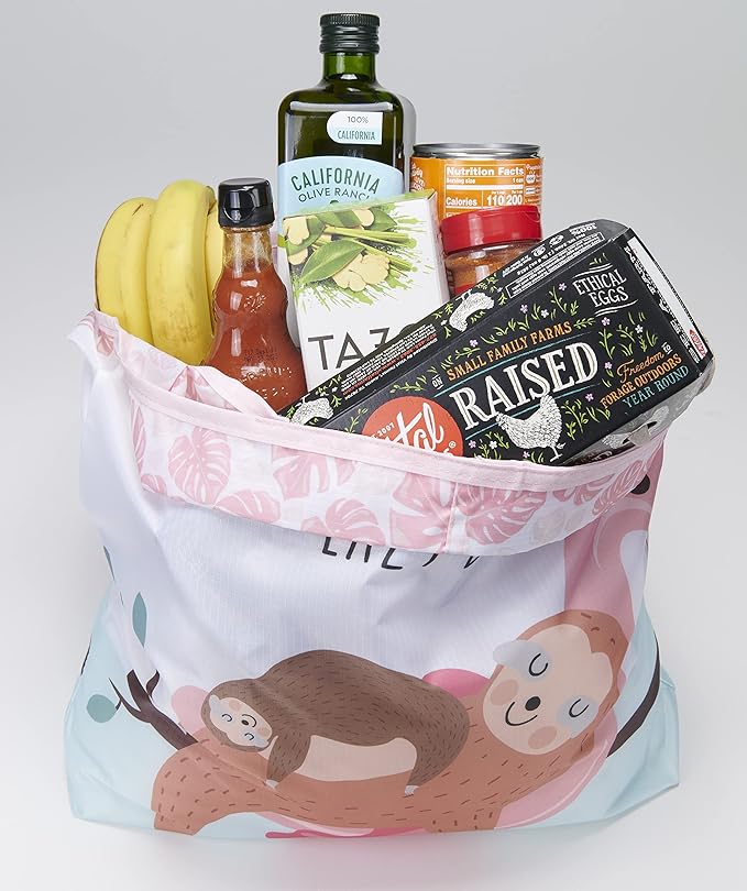 O-WITZ Reusable Grocery Bags | Vibrant Tote Bag For Groceries, Gym, Beach Gear, Toys & More | Washable Design With Large Handles For Maximum Convenience | Folds Into A Small Pouch, Sloth Pink