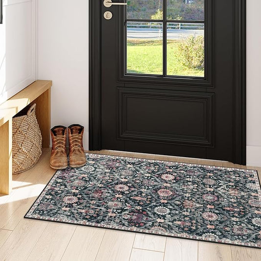 Lahome Kitchen Rugs Non Slip Washable Rugs for Entryway, 2x4 Rug Non-Slip Moroccan Trellis Ultra-Thin Indoor Door Mat Small Carpet for Bathroom Bedroom Entry Elise, Black/Multi