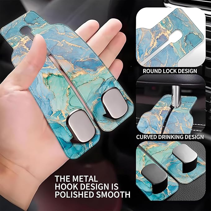 AEWNUNK Car Seat Headrest Hooks for Purses and Bags Abstract Turquoise Golden Marble 1 Pack Bag Purse Holder for Car with Double Metal Hooks Car Purse Hanger Hanging Accessories