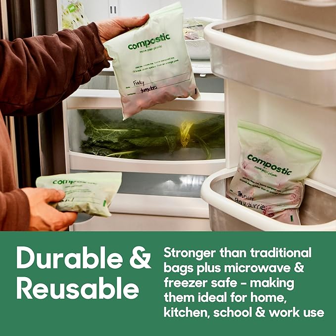 Compostic Home Compostable Resealable Gallon Bags, Microwave & Freezer Safe, Organic Food Storage Container, 90 Count + 10 Bonus Bags