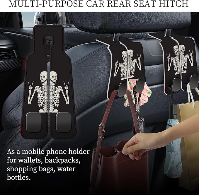 PU Leather Car Seat Hook, Storage Headrest Hanger, Cute Car Backseat Organizer, Car Hooks for Purses and Bags Skull Human Skeleton