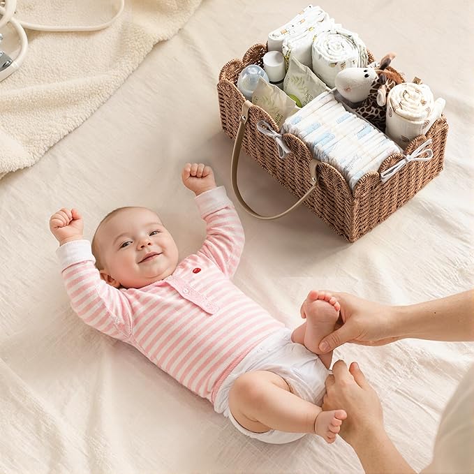 HBlife Baby Diaper Caddy, Paper Rope Storage Baskets Nursery Bin with Removable Divider, Portable Car Organizer for Diapers, Baby Shower Gifts, Newborn Essentials Must Haves