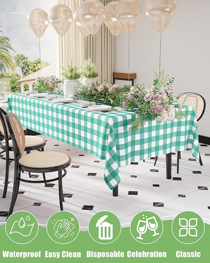 Smiry 8 Packs Gingham Disposable Table Cloth, 54 x 108 Inch Waterproof Plastic Tablecloth, Rectangle Teal and White Checkered Table Covers for Picnic, Birthday, Party