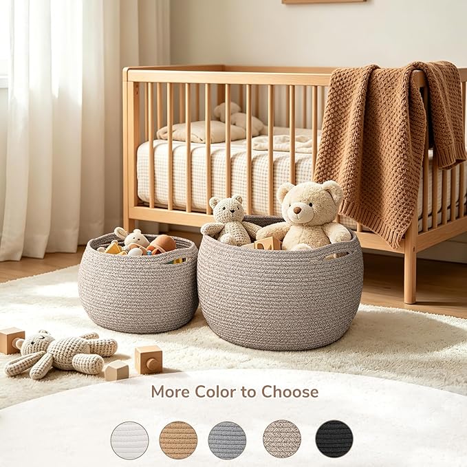 Goodpick Baby Basket for Nursery, Woven Basket for Home Décor, Round Wicker Baskets for Toy Storage, Diaper Caddy Organizer for Nursery Playroom, Jute, 10"D x 8.3"H