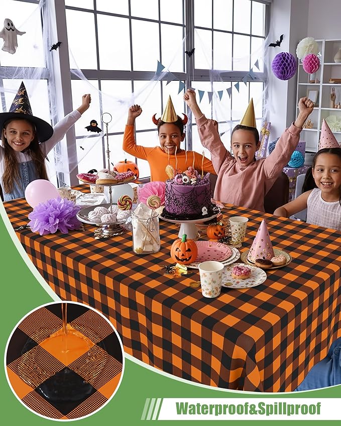 Smiry 8 Packs Gingham Disposable Table Cloth, 54 x 108 Inch Waterproof Plastic Tablecloth, Rectangle Black and Orange Checkered Table Covers for Picnic, Birthday, Party