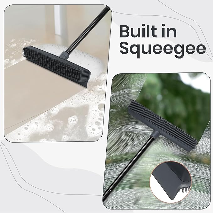 MAVRIZ Rubber Broom Carpet Rake for Pet Hair Removal - Fur Remover Broom with Squeegee for Carpet, Hardwood Floor, Tile