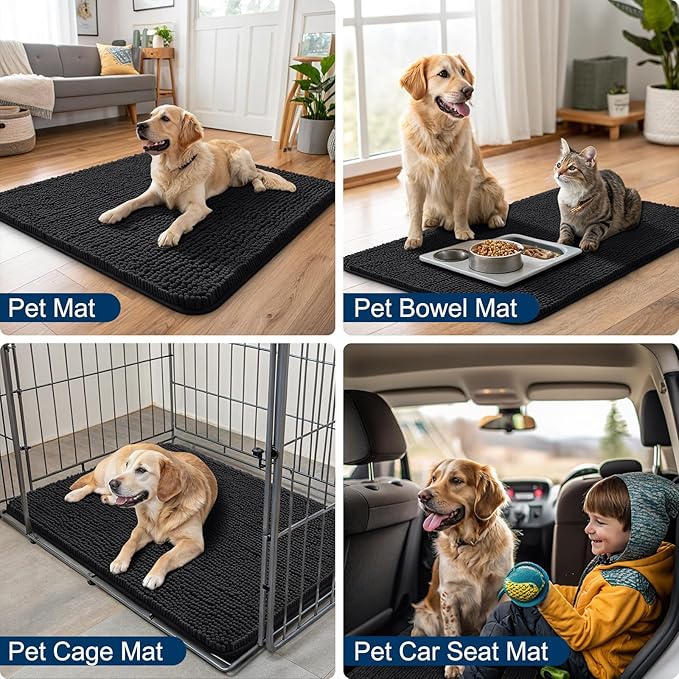 Smiry Dog Door Mat for Muddy Paws 30x17, Absorbs Moisture and Dirt Doormat, Non-Slip Washable Quick Dry Chenille Front Door Mat Indoor Entrance, Entryway Carpet for Inside Floor, Black