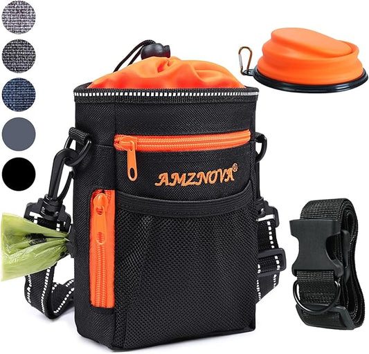 AMZNOVA Dog Treat Bag Treatkit Dog Treat Pouch, Waist Clip On Crossbody Fanny Pack for Pet, Training Pouch with Shoulder Strap & Waist Belt for Walking & Training, 6Cups, Black
