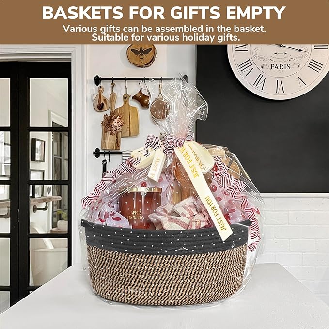CHICVITA Gift Basket Empty, Small Basket with Gift Bags & Ribbon for Easter, Woven Baskets for Storage, Dog Toy Storage,13.6"x 10" x 6", Black & Jute