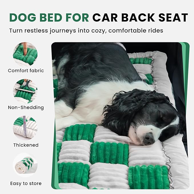 Backseat Dog Bed Mat for Car, Non-Slip Dog Bed for Car Back Seat, Soft & Cozy Dogs Blanket, Washable Travel Pet Mat Seat Protector for Cars, SUVs, Trucks (Green/White, 51.1"L x 23.6"W x 1.5"Th)