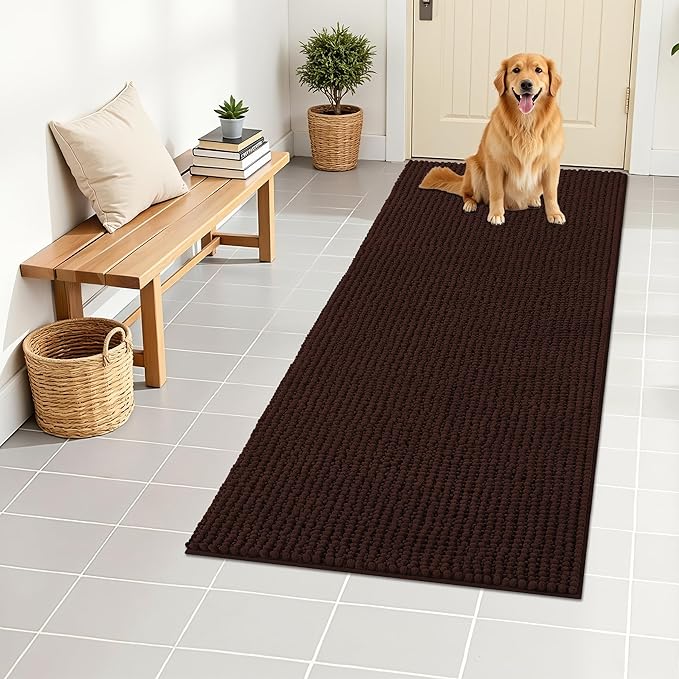 OLANLY Dog Door Mat for Muddy Paws 47x24, Ultra Absorbent Chenille Mud Doormat, Non-Slip Washable and Dirt Trapping Doormat for Indoor Entryway, Quick-Dry Indoor Pet Bed Mats for Dogs, Brown