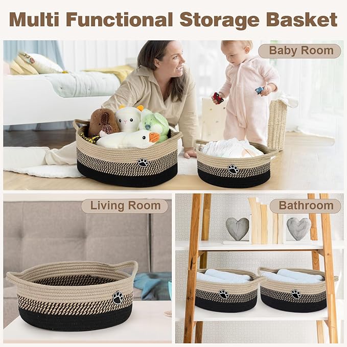 Dog Toy Easter Basket, Toy Box and Bin for Dog Cat Storage, 13.5" X 11" X 5" Small Woven Rope Basket for Baby Storage, Closet, Living Room, Brown & Black