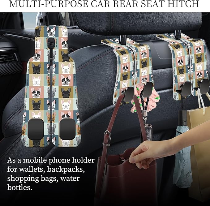 PU Leather Car Seat Hook, Storage Headrest Hanger, Cute Car Backseat Organizer, Car Hooks for Purses and Bags Dog Faces