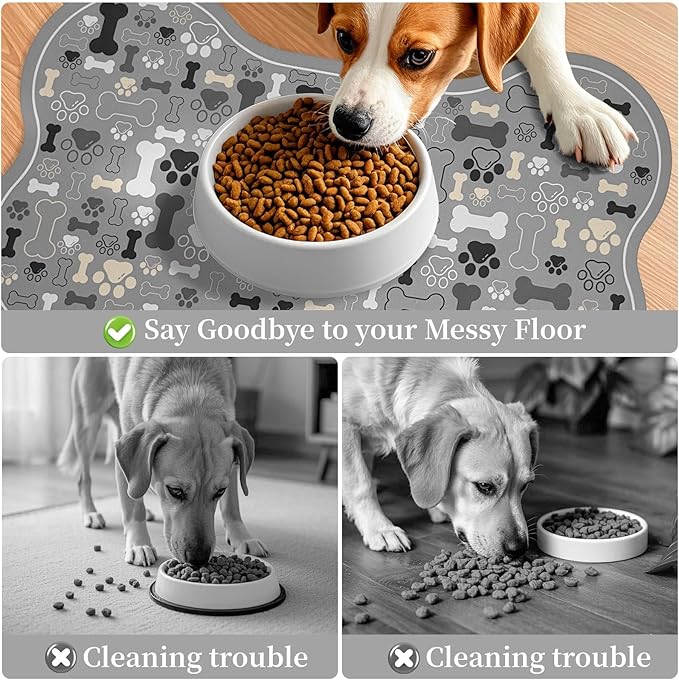 Dog & Cat Food Mat Bone Shaped Pet Feeding Mat Quick Absorb Water Bowl Placemat with Rubber Backing Indoor Floor Stain Resistant Pet Accessory Supplies (Gray, 17x29 Inches)