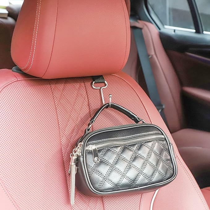 Car Headrest Hooks for Purse and Bags, Purse Holder for Car, Adjustable Back Seat Hanger, Metal Heavy Duty 100 lbs, (C1)
