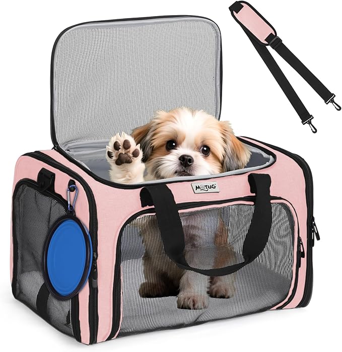 Pet Carrier for Cats & Small Dogs, Travel Carrier with Anti-Collapse Support, Chew Resistant Buckles, Luggage Sleeve, Multi-Pocket Storage, Reversible Mat & Bowl (Pink, Medium (17.5"x11"x11.5"))