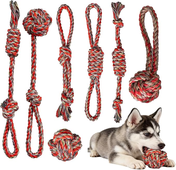 ITISMUNGO Dog Chew Toys for Small and Medium Dogs, Upgraded Tough Cotton Rope Toys for Aggressive chewers, Heavy Duty Dental Rope Kit for Tug of War, Teeth Cleaning (7 Pcs, Cotton Knot Toys)