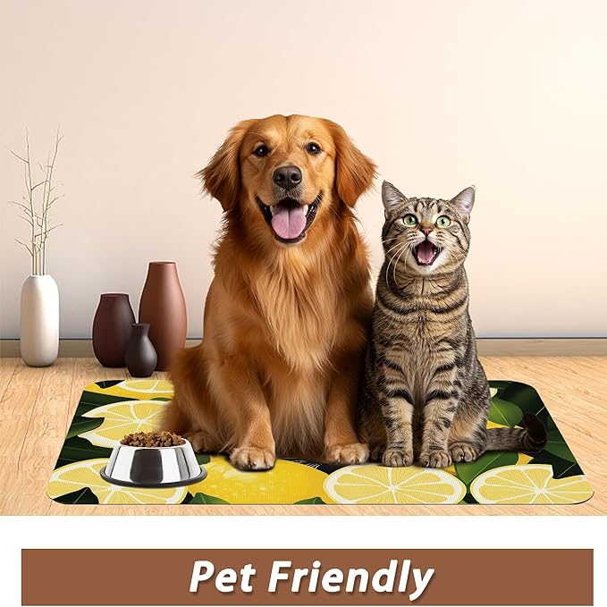 Black Cat Funny Dog Food Mat for Floors,Lemon Absorbent Pet Food and Water Bowl Mats,Non-Slip Pet Feeding Mat,Pet Supplies 12" x 20"