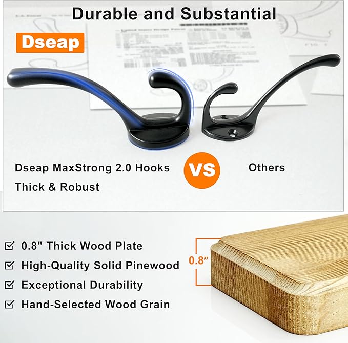 Dseap Wall Mounted Coat Rack: Patented, Heavy-Duty, 17.4" Long 5-Double-Hooks Wooden Hanger Rail for Winter Coats, Hat, Jacket, Clothing - Natural & Black