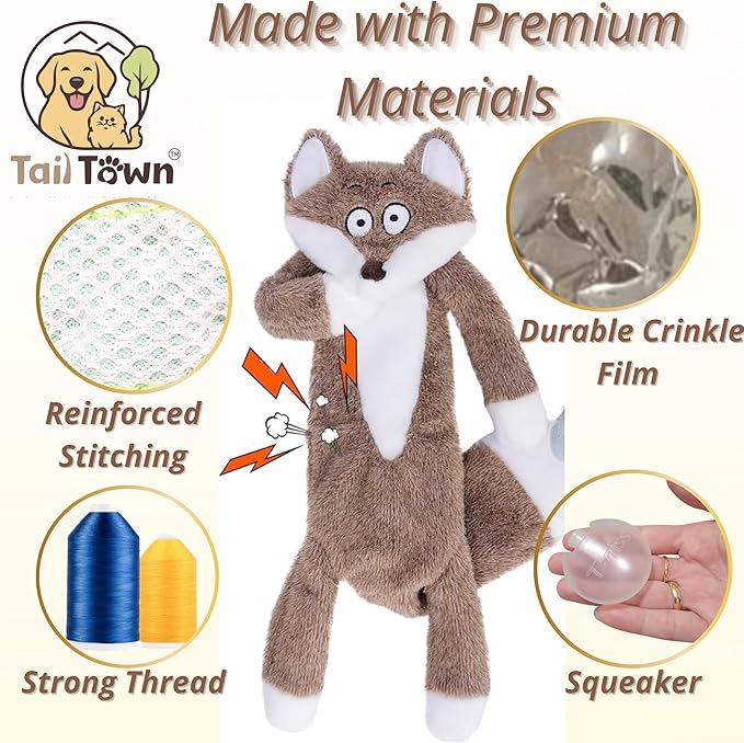 Plush Fox Dog Toy – Squeaky & Crinkle, No Stuffing, Soft & Durable – For Small, Medium & Large Dogs, All Breeds – Perfect for Puppies & Senior Dogs, Premium Safe Chew Play