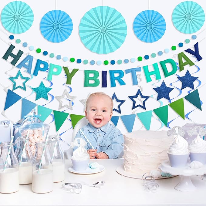 Pre-Strung 3D Felt Happy Birthday Banner, Reusable Blue Birthday Party Decorations for Men, Happy Birthday Sign with Felt Ball Garland, Pennant Flag, Hanging Paper Fans, Star Swirl Streamers