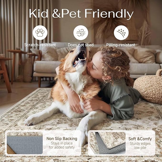 5x7 Washable Neutral Area Rug Brown Vintage Living Room Bedroom Carpet Non-Slip Soft Low Pile Farmhouse Indoor Throw Rug for Dining Room Entryway Office