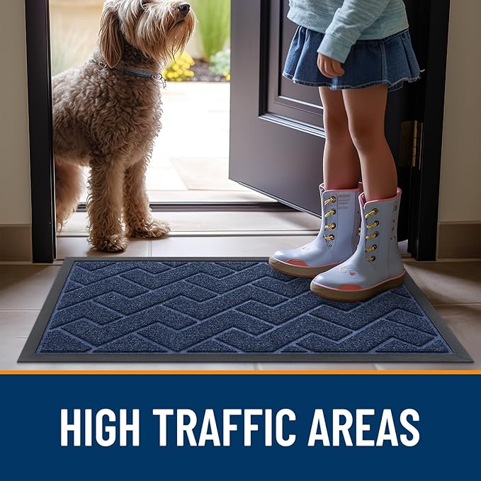OLANLY Front Door Mat Indoor Outdoor Entrance, Waterproof All-Season, All-Weather Doormat, Sturdy Natural Rubber, Low Profile, Easy Clean Patio Porch Entryway Mat, Herringbone Brick (Blue, 59x35)