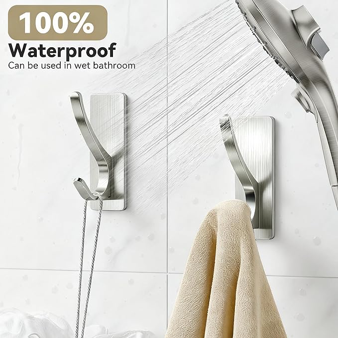 pickpiff Self Adhesive Coat Hooks for Hanging: Heavy Duty Stainless Wall Hook for Towel, Utensil, Backpack, Hat, Sturdy Metal Hanger for Bathroom, Kitchen, Door, Brushed Nickel 4 Pack