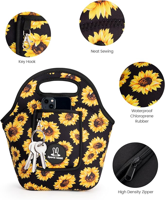 Sports rabbit Neoprene Insulated Lunch Bag for Women - Front Pocket for Phone&Keys - Reusable, Foldable, Lightweight, Waterproof, Easy to Store & Clean - Ideal for Work, Travel & Picnics (sunflower)