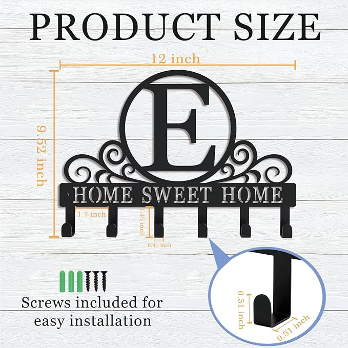 Metal Letter E Key Holder for Wall, Decorative Metal Key Holder Wall Mount, Key Hooks Coat Rack Monogram Wall Decor, Perfect for Bathroom, Living Room, Kitchen, Anniversary Housewarming Gift