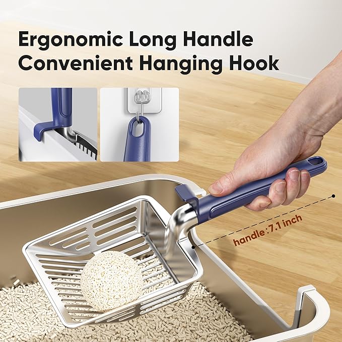 KooMooM Metal Cat Litter Scoop, Large Cat Scooper with Deep Shovel & Dual Sifting Holes for Fast & Precise Sifting, Space Aluminum Kitty Litter Scooper with Long Handle & Easy-to-Hang Hook - Blue